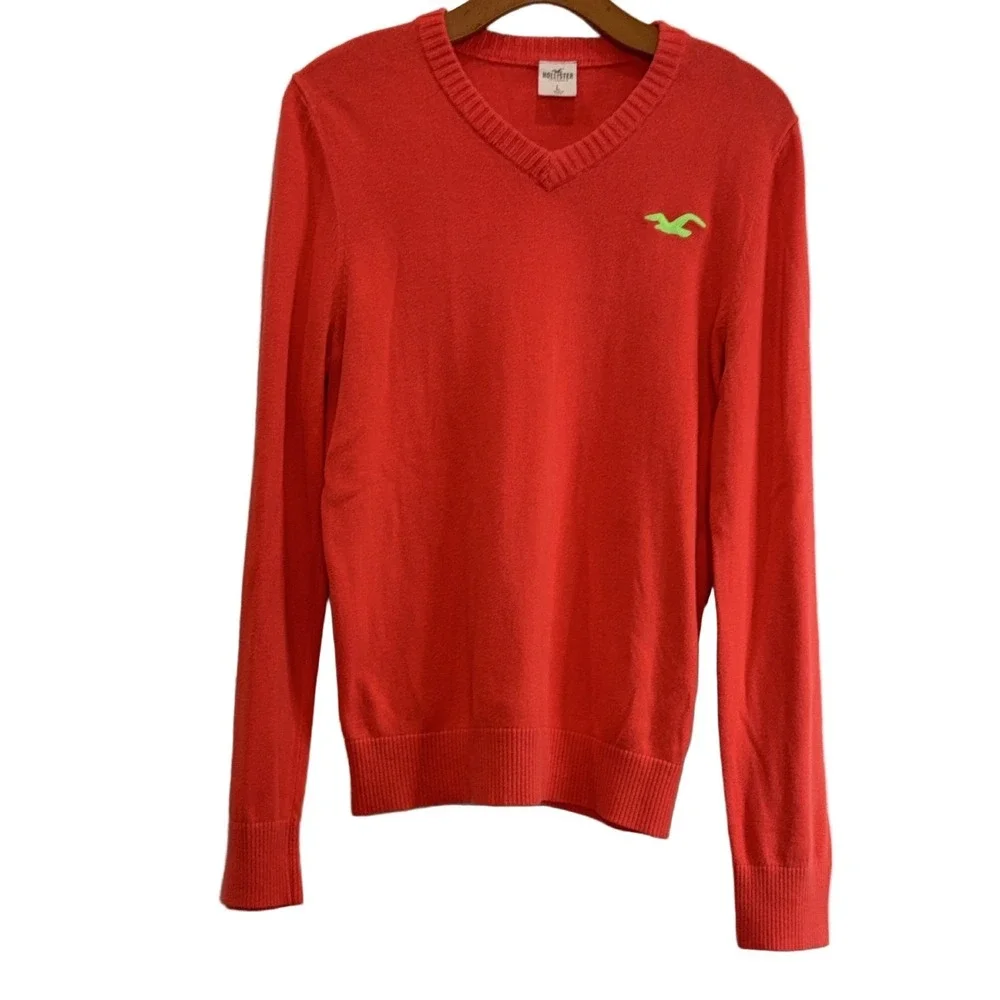 Hollister V-Neck Sweater Men's L Orange Long Sleeve Seagull Logo Knit